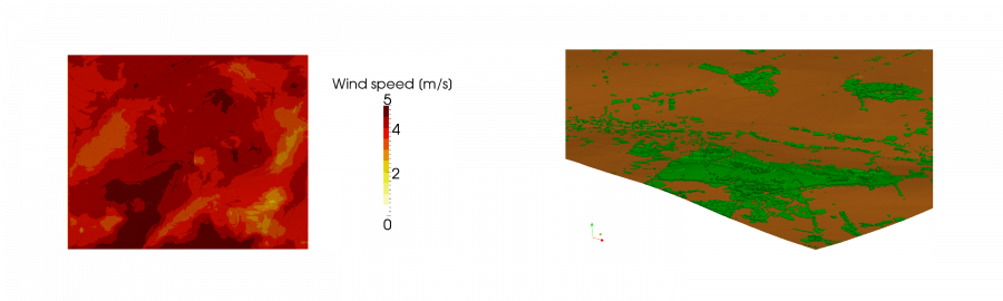 Wind speed above ground and surface model including vegetation